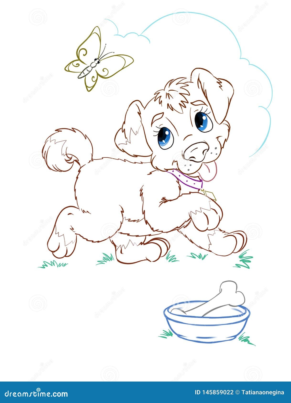 Cartoon Coloring Book Page With Color Outlines Of Cute Puppy And Butterfly Stock Illustration