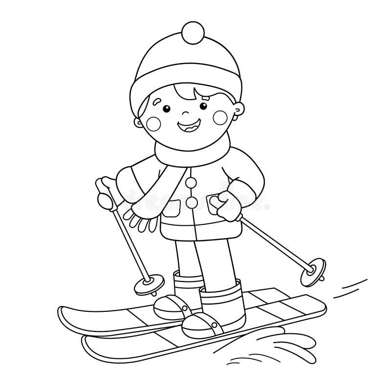 Coloring Page Outline Of Cartoon Boy Skiing Winter Sports Stock Vector Illustration Of Page