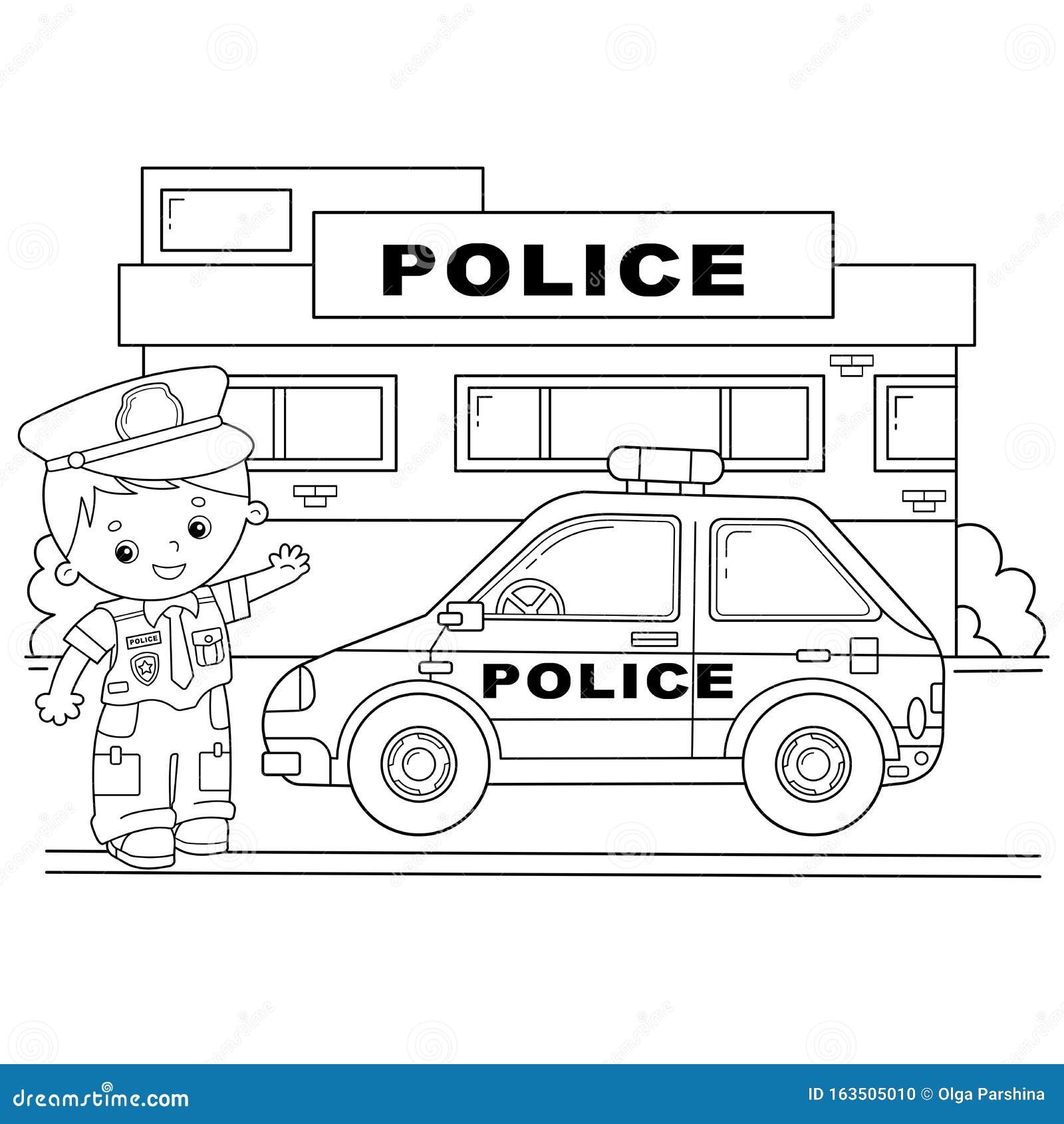 Coloring Page Outline Of Cartoon Policeman With Car Profession Police Image Transport Or