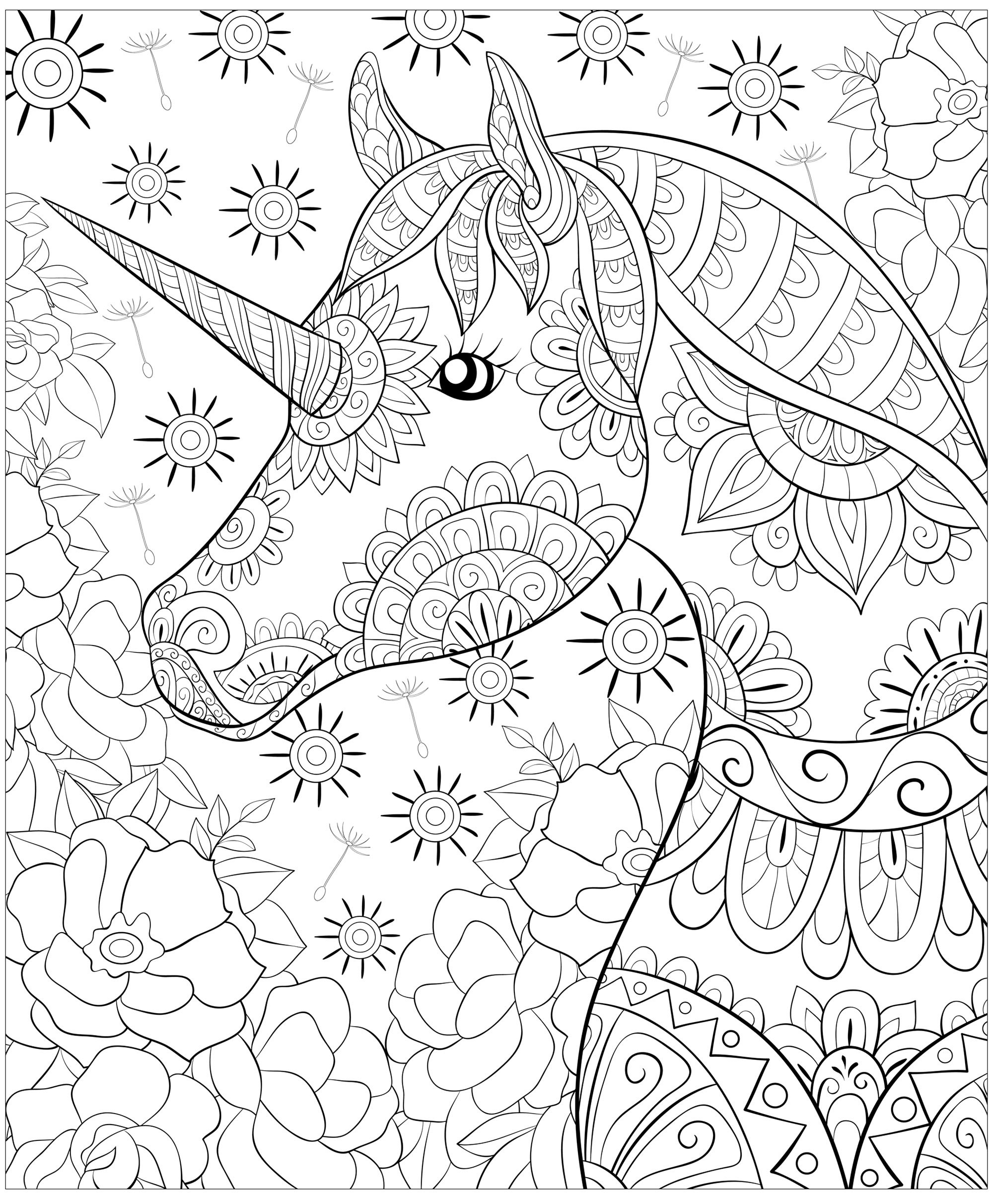 Cute Unicorn And Flowers Unicorn Coloring Pages For Adults