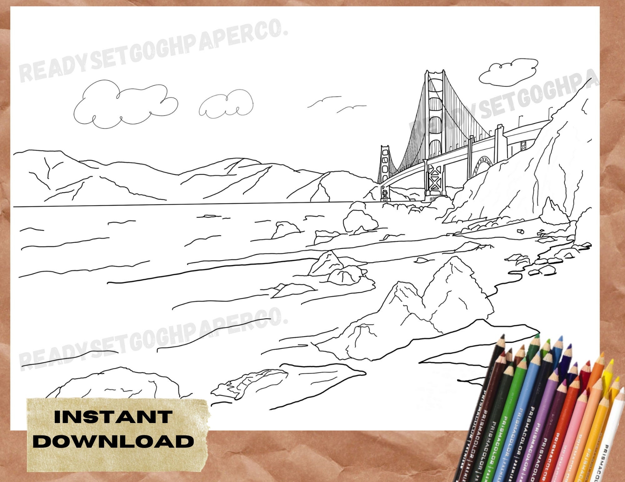 Golden Gate Bridge Coloring Page Printable PDF San Etsy
