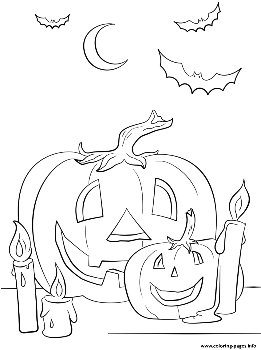 Halloween Scene With Pumpkins Candles And Bats Coloring Page Printable