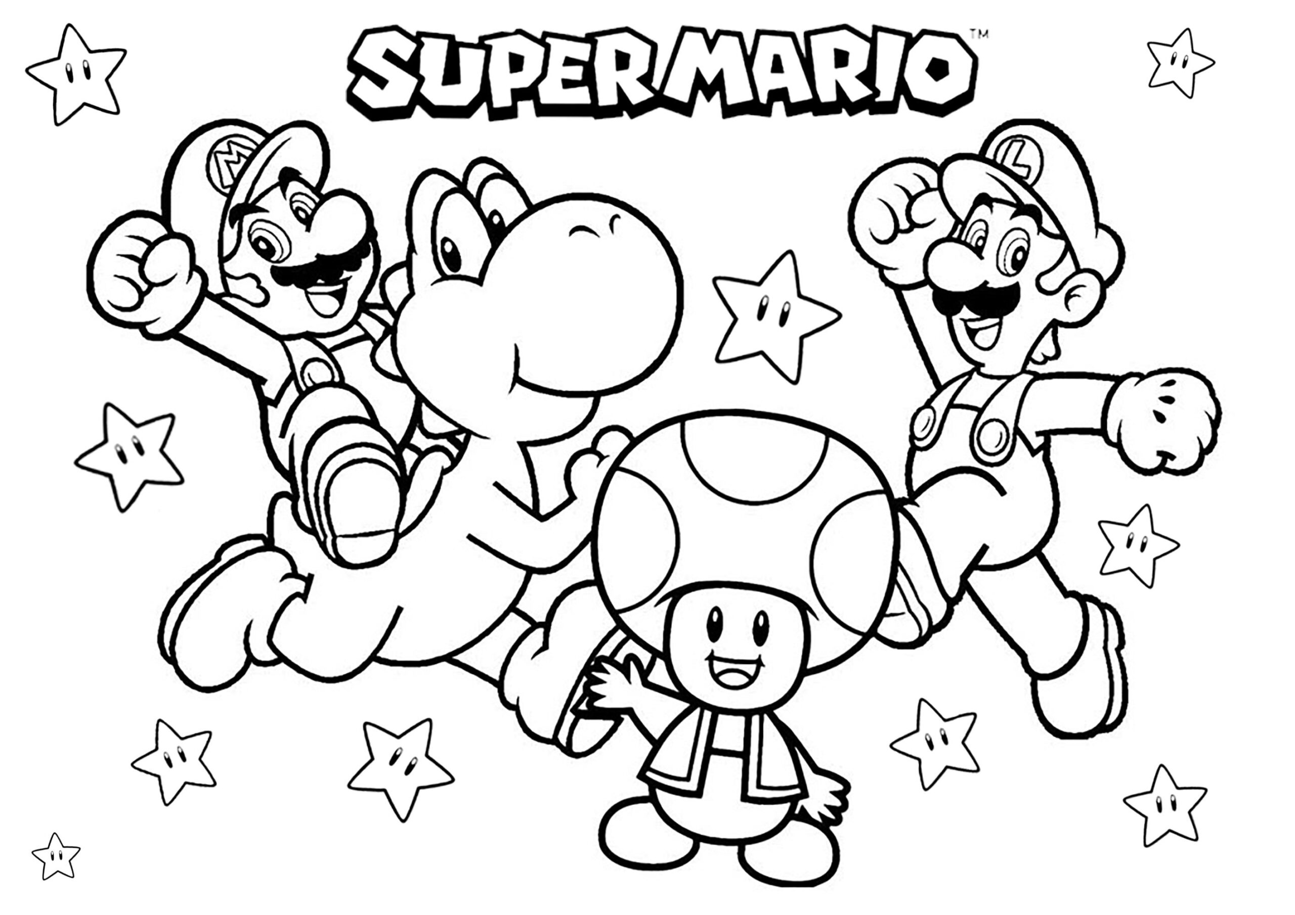 Mario Luigi Yoshi And Toad With Many Stars Super Mario Bros Coloring Pages For Kids