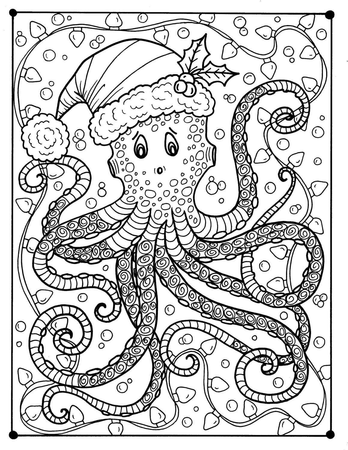 Octopus Christmas Coloring Page Adult Color Holidays Beach Etsy
