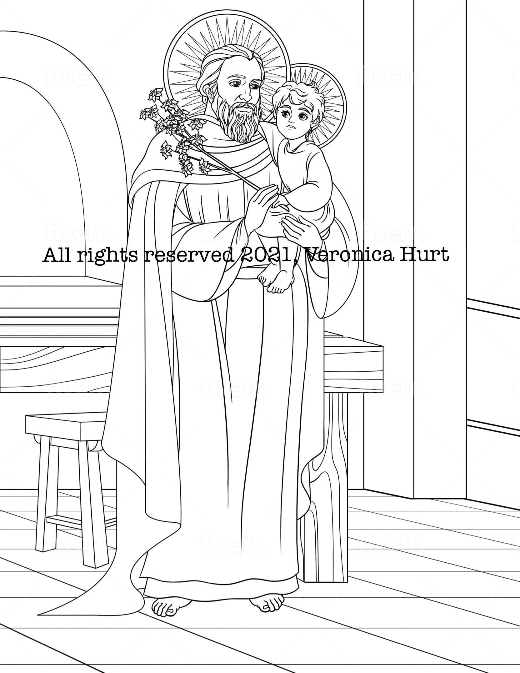 St Joseph Coloring Page For Kids 6 And Adults Featuring St Etsy