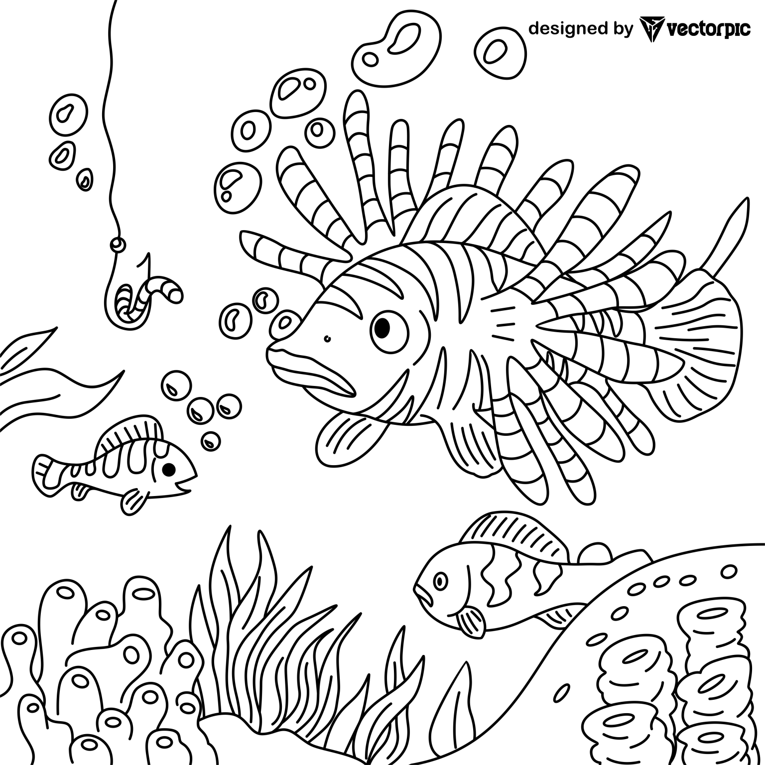 Underwater Lionfish Coloring Pages For Kids Adults Design Free Vector