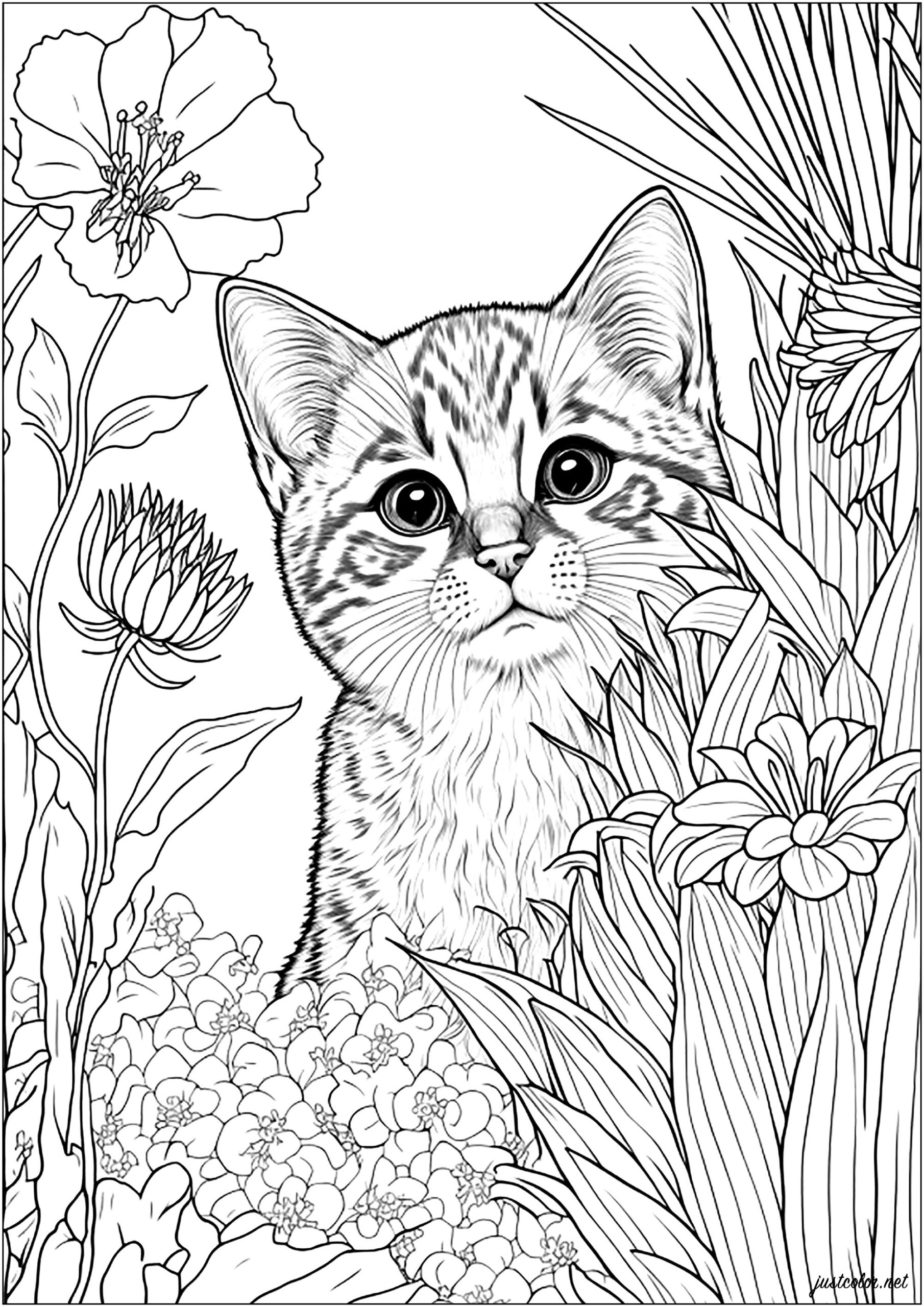 Young Cat Surrounded By Flowers Cat Coloring Pages For Adults