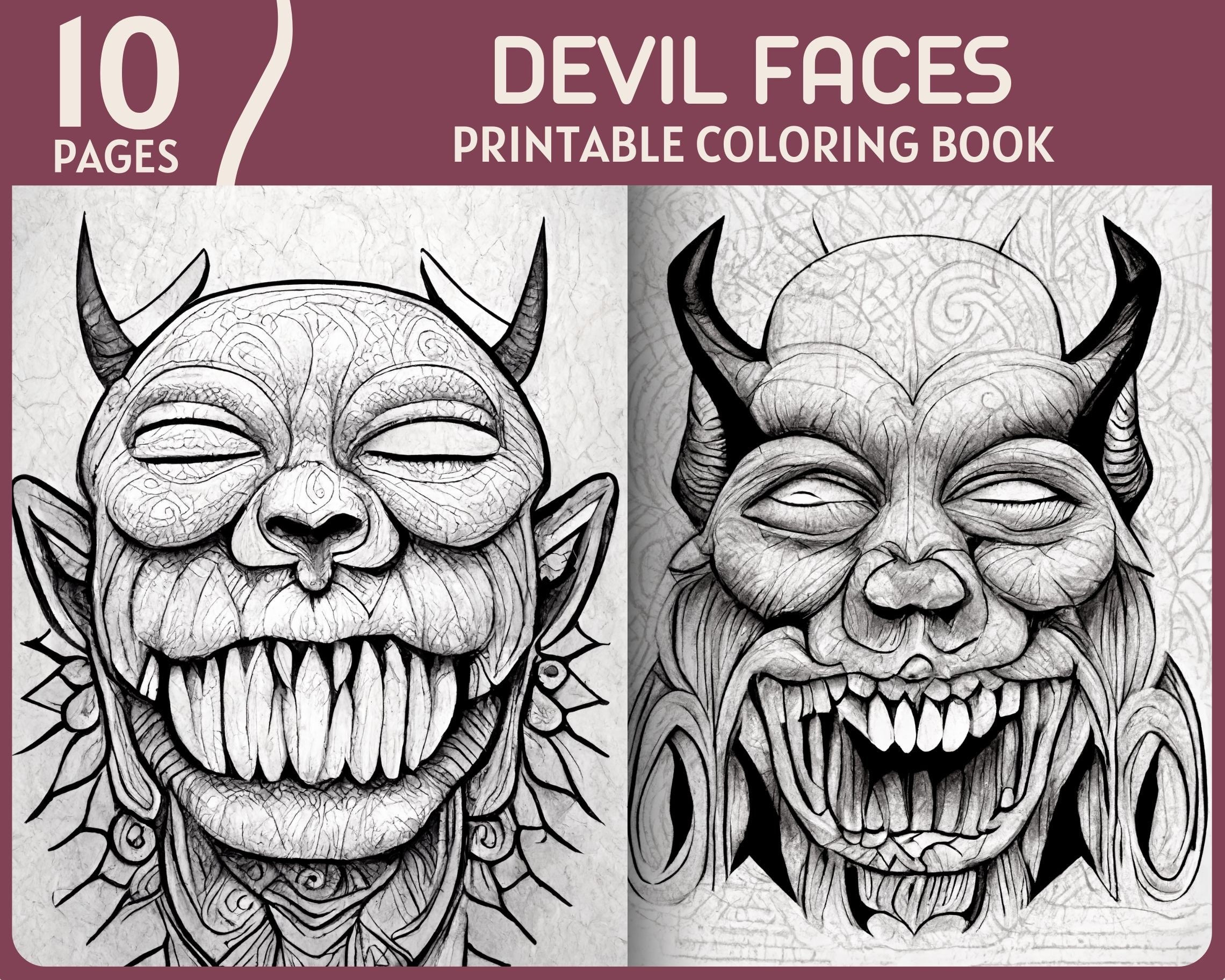 10 Devil Face Grayscale Coloring Pages Realistic Demon Faces Illustrations Scary Devil Faces