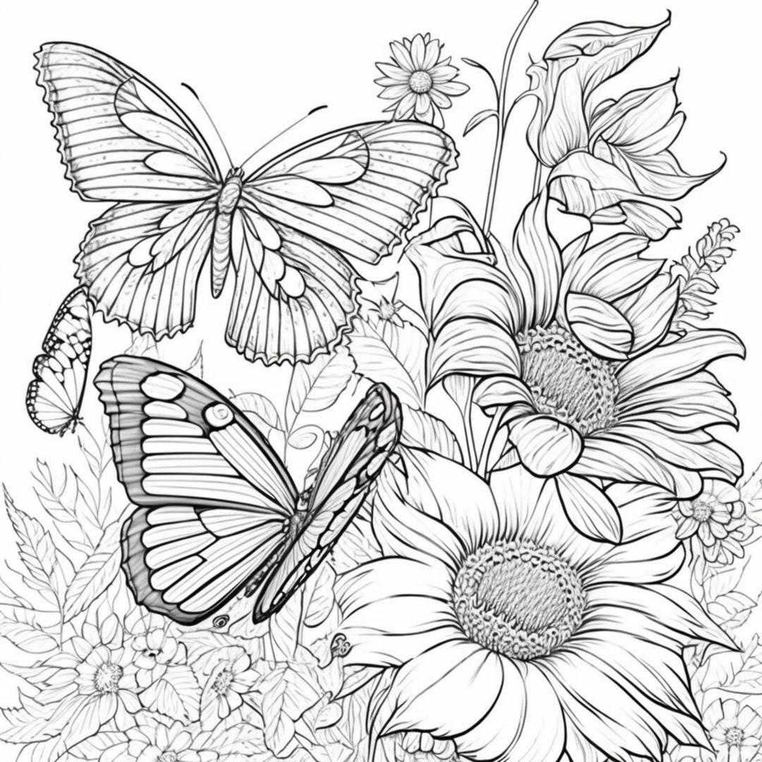 10 Printable Flowers And Butterflies Coloring Pages For Kids And Adults Digital Download PDF Etsy