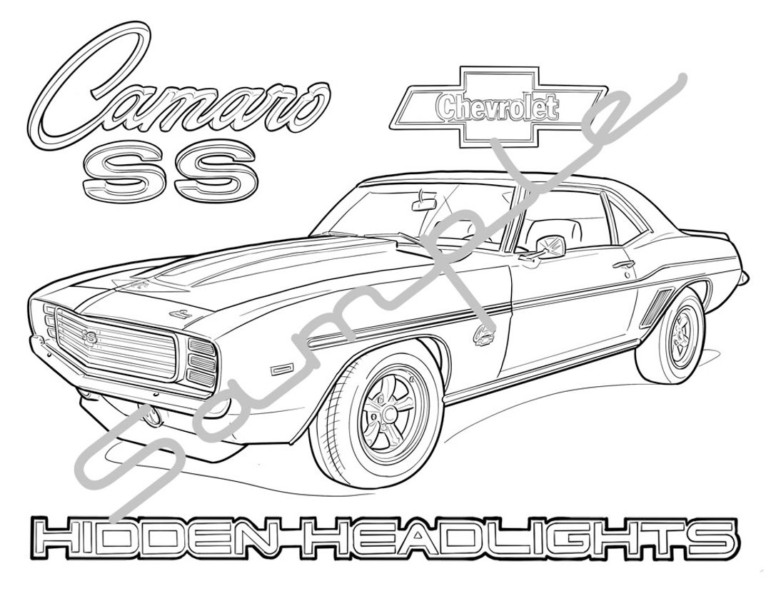 1969 CHEVY CAMARO SS With Hidden Headlights Adult Coloring Page Printable Coloring Page