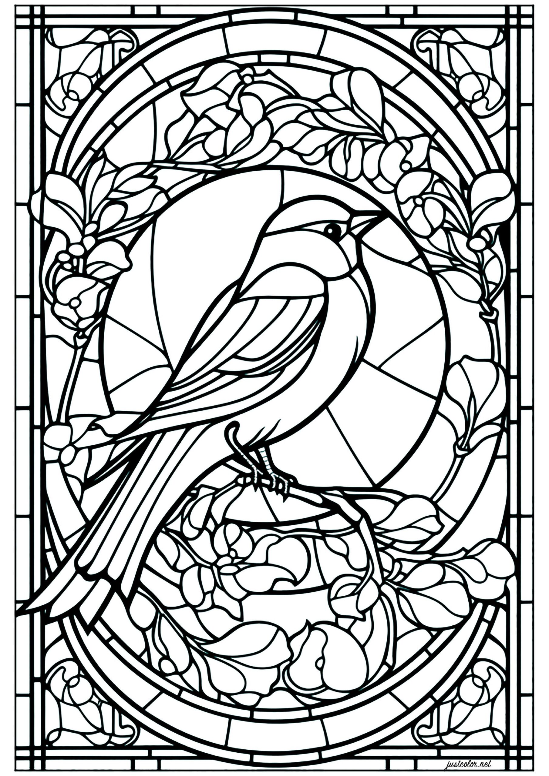 A Little Bird In A Window Stained Glass Coloring Pages For Adults