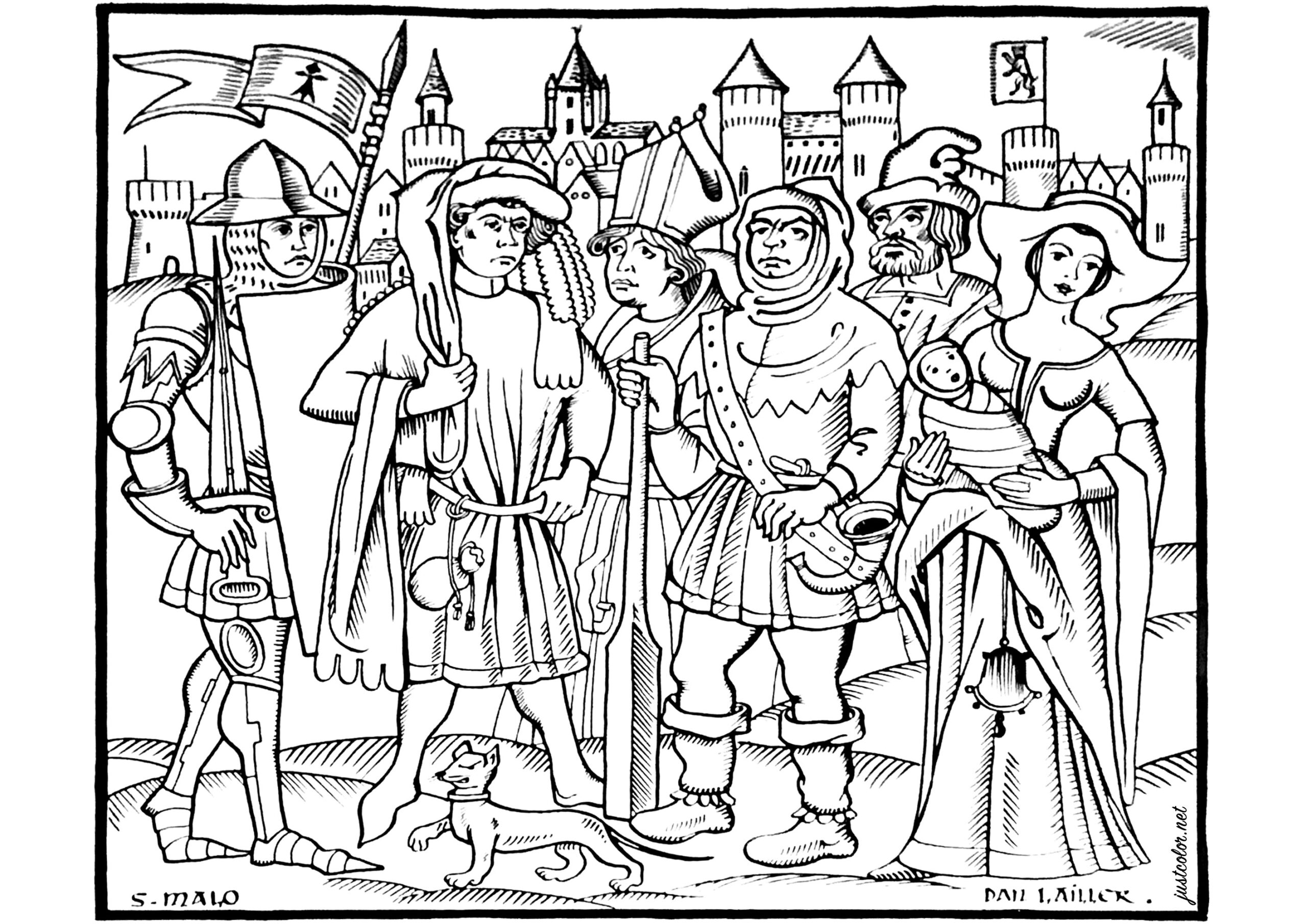 A Medieval Scene In Saint Malo Middle Age Coloring Pages For Adults