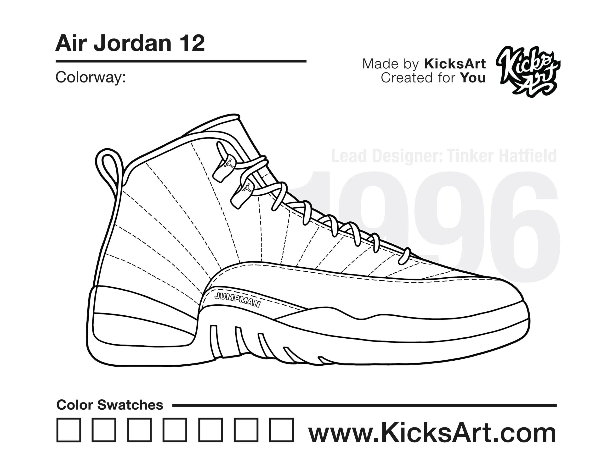 Air Jordan 12 Sneaker Coloring Pages Created By KicksArt Air Jordans Jordans Coloring Pages