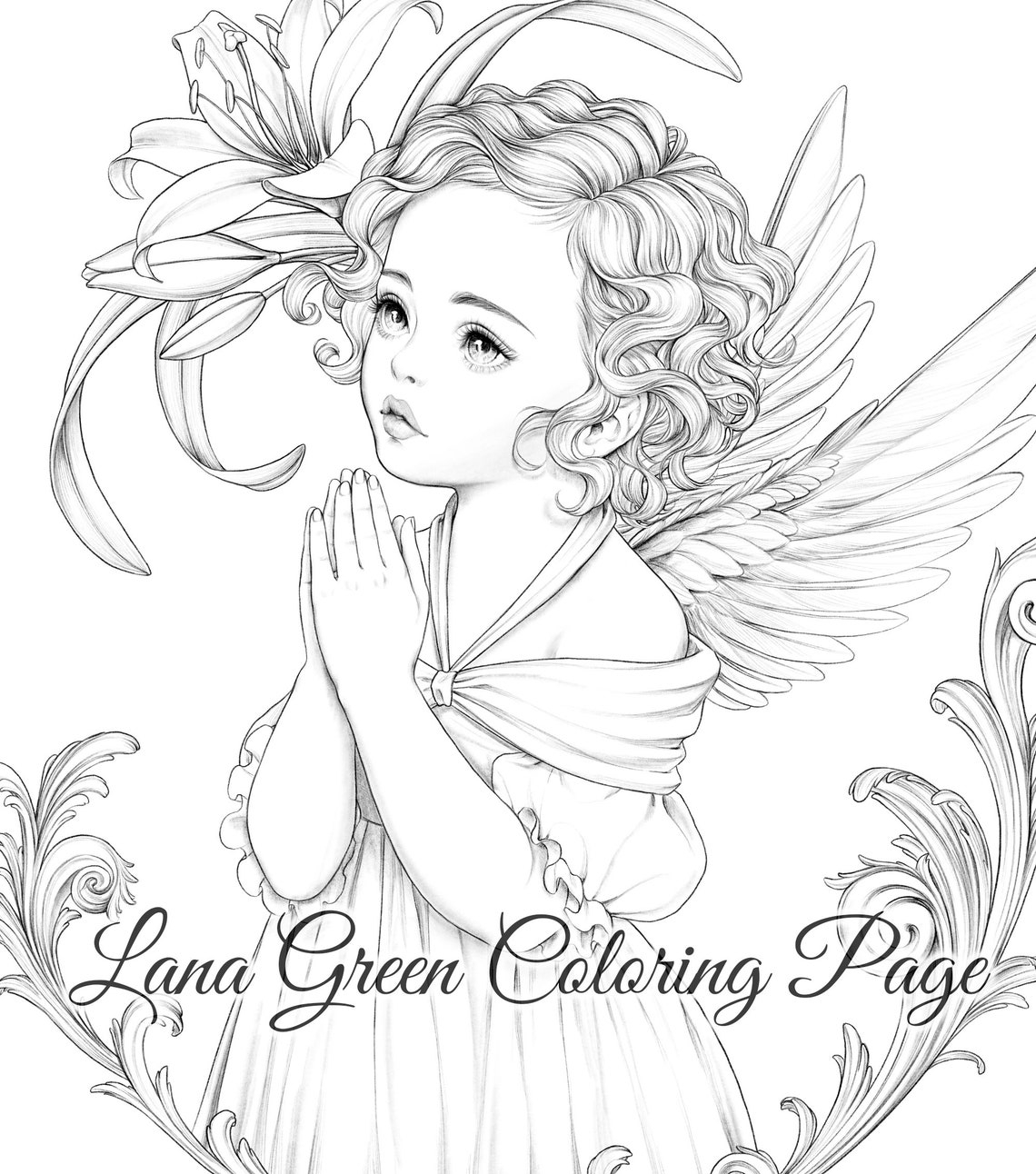 Baby Angel Coloring Page For Adults Grayscale Coloring Etsy