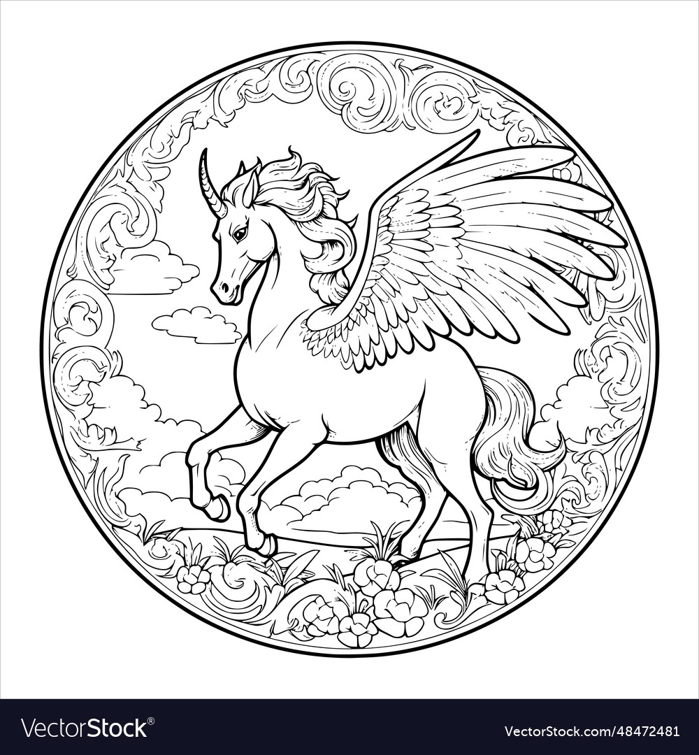 Beautiful Unicorn Pegasus Coloring Pages For Kids Vector Image