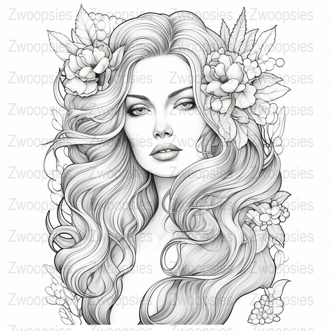 Beautiful Woman Coloring Page Printable Digital Download Etsy