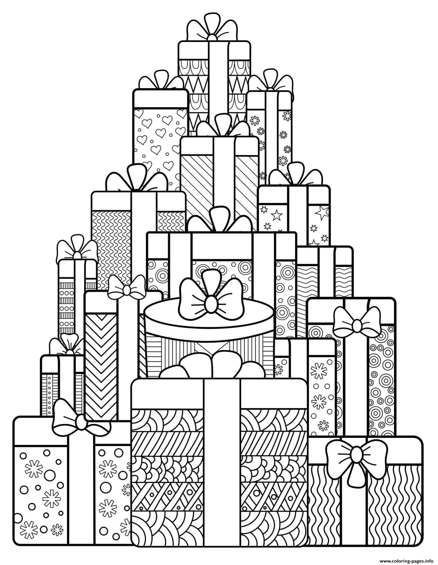 Christmas For Adults Stack Of Gifts Intricate Patterns Coloring Page Printable