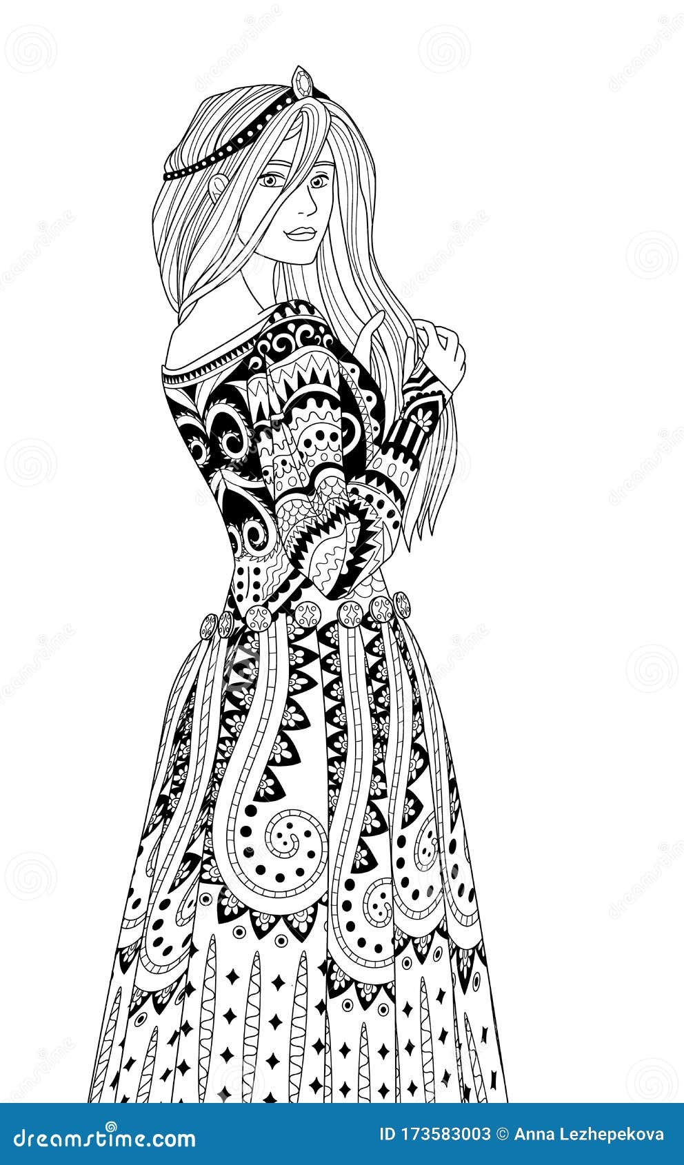 Coloring Book For Adults With Beautiful Medieval Lady Stock Vector Illustration Of Pattern
