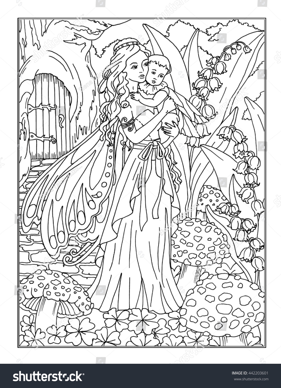 Coloring Page Enchanted Fairy Stock Illustration 442203601 Shutterstock