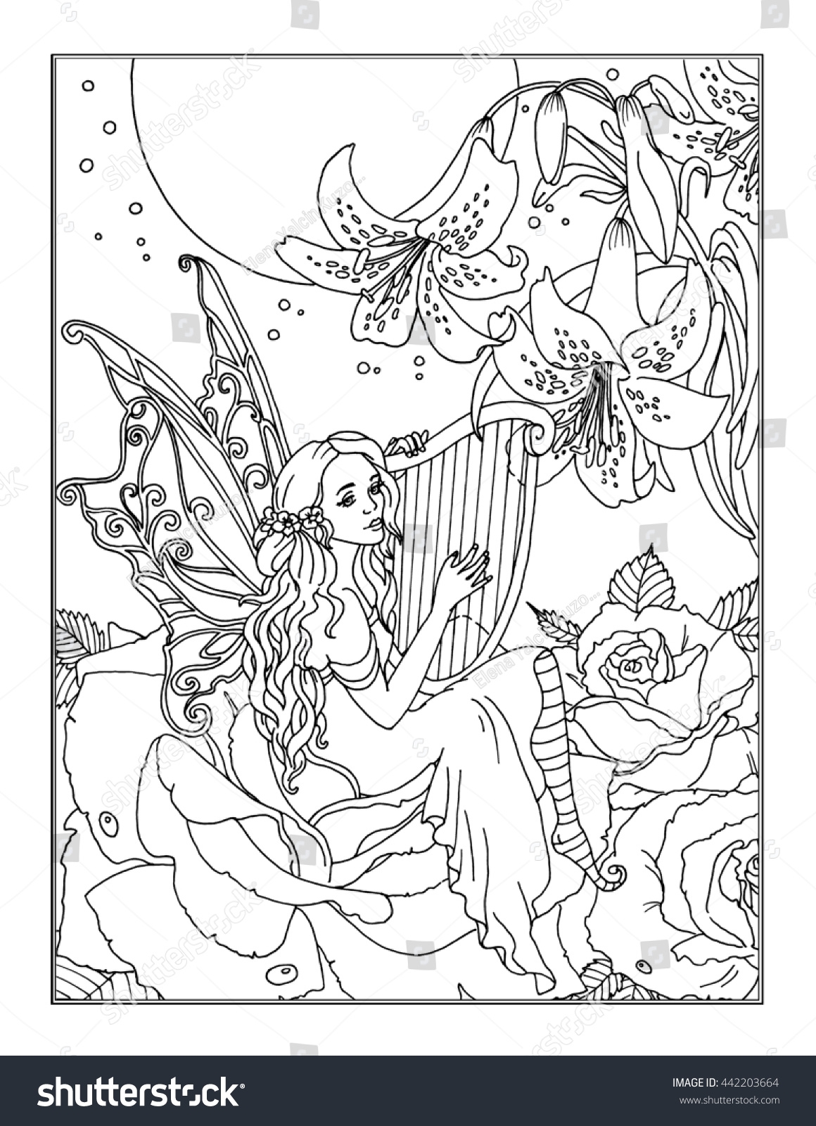 Coloring Page Enchanted Fairy Stock Illustration 442203664 Shutterstock