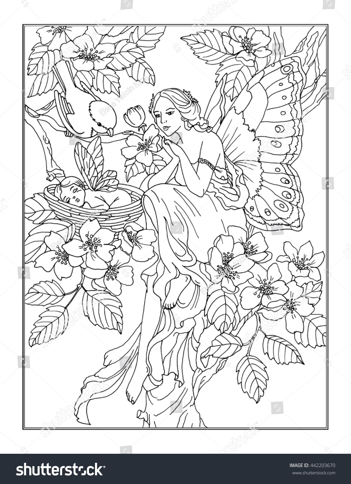 Coloring Page Enchanted Fairy Stock Illustration 442203670 Shutterstock