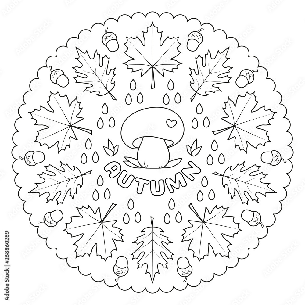 Coloring Page Mandala For Kids With AUTUMN Leaves Mushroom And Acorns Vector Illustration