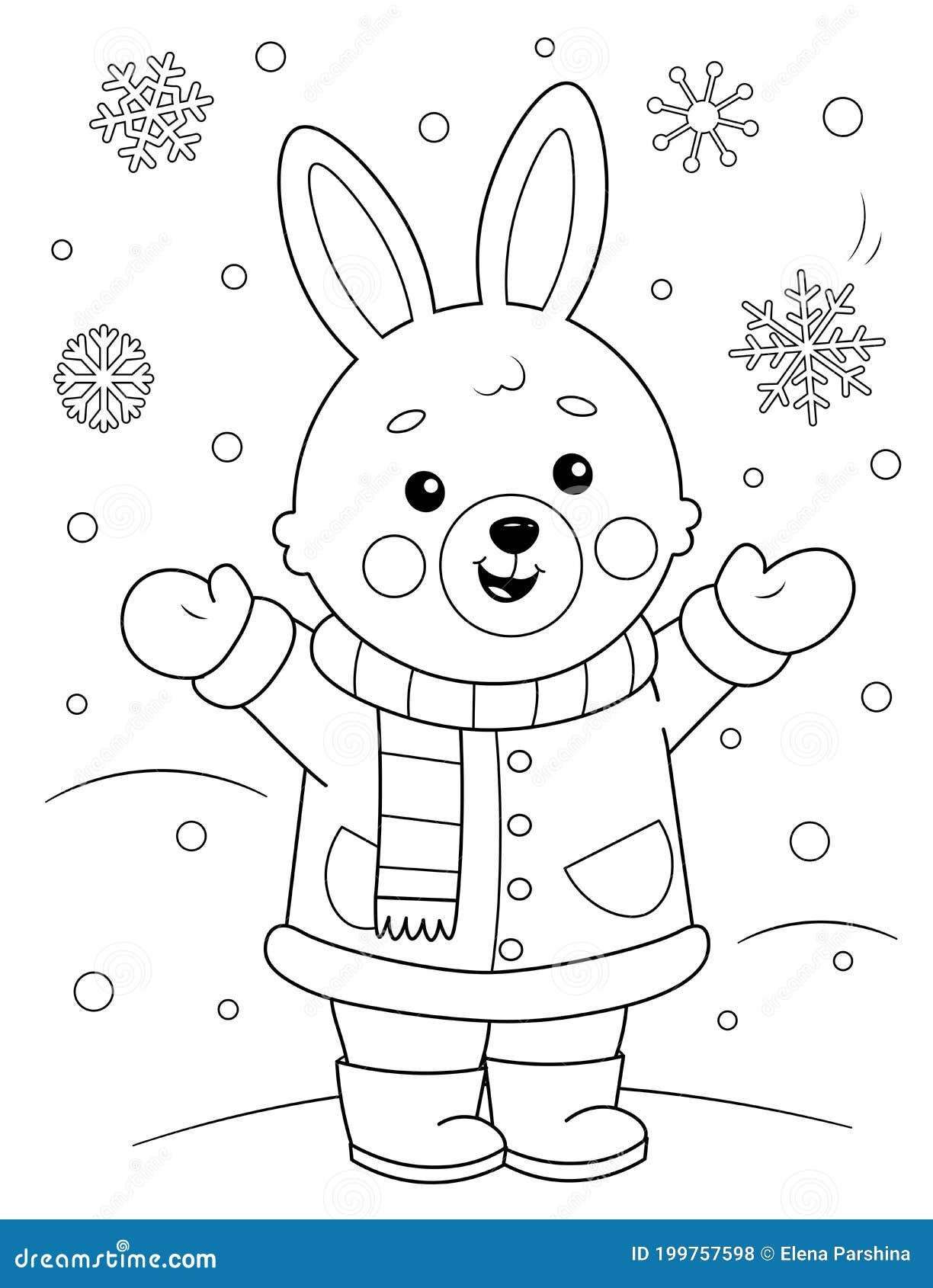 Coloring Page Of A Cute Cartoon Bunny In Winter Clothes Enjoying The Snow Coloring Book For