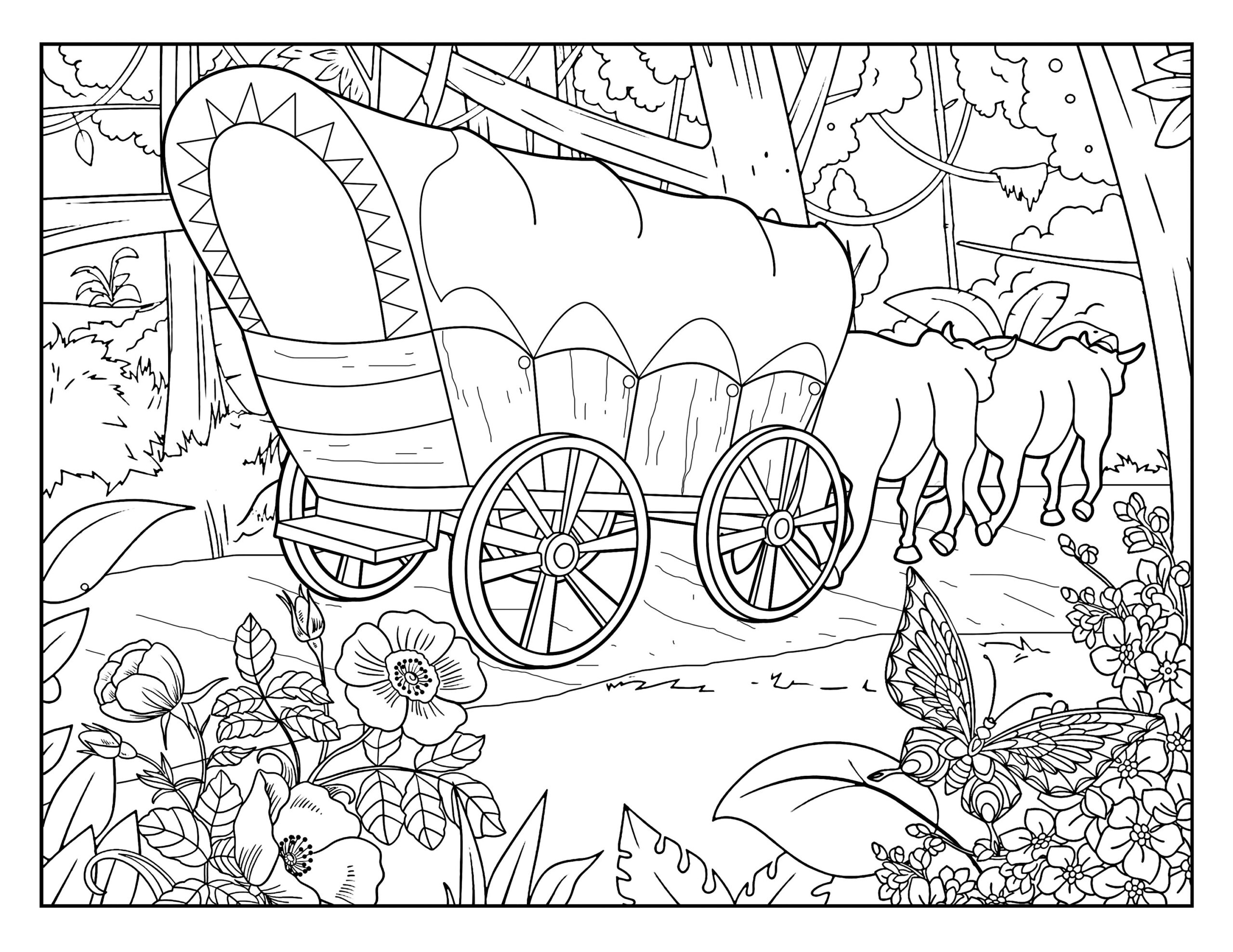 Covered Wagon Coloring Pages For Adults 1 Printable Coloring Etsy