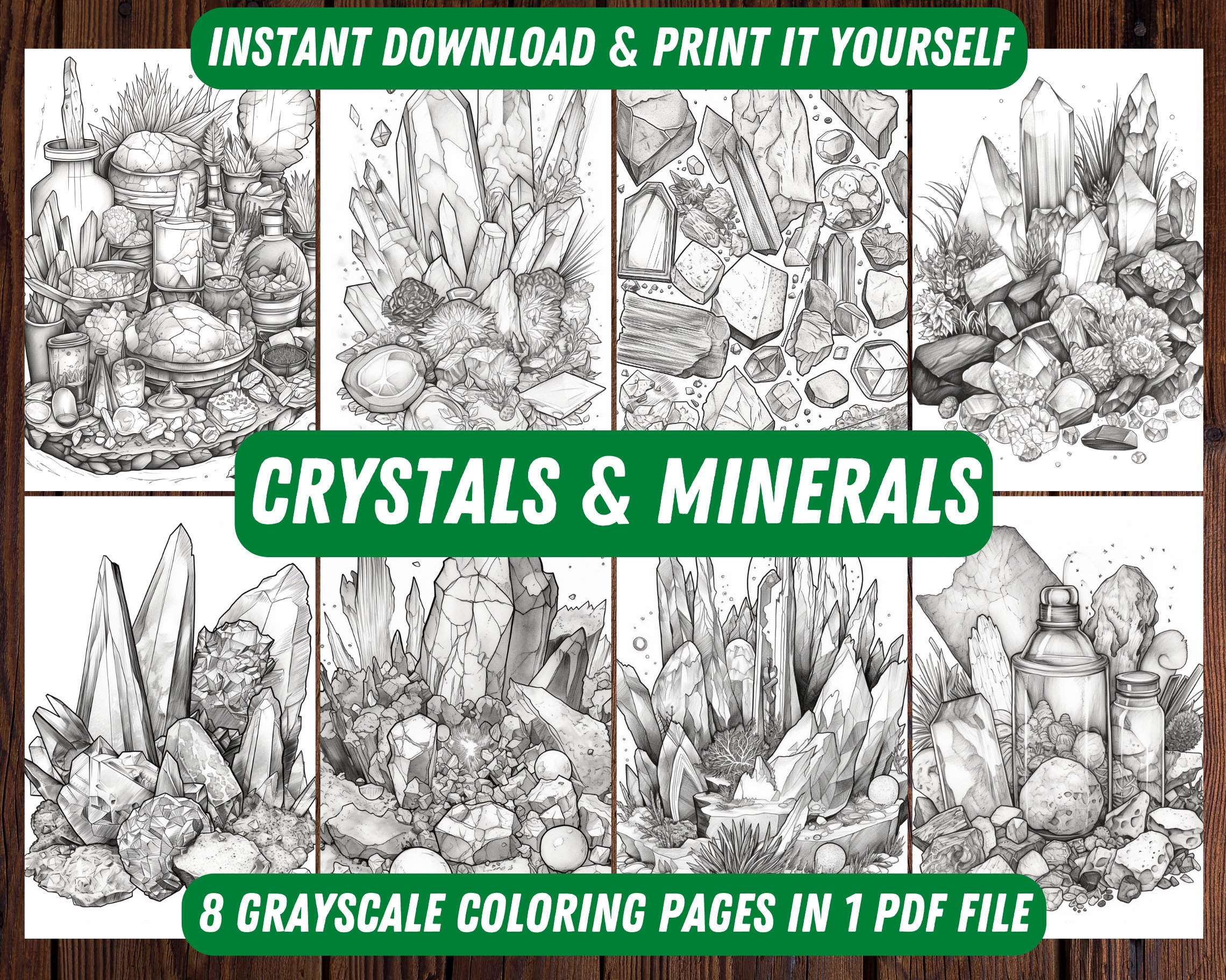 Crystals And Minerals Coloring Book 8 Printable PDF Pages For Adults And Kids Gemstones And