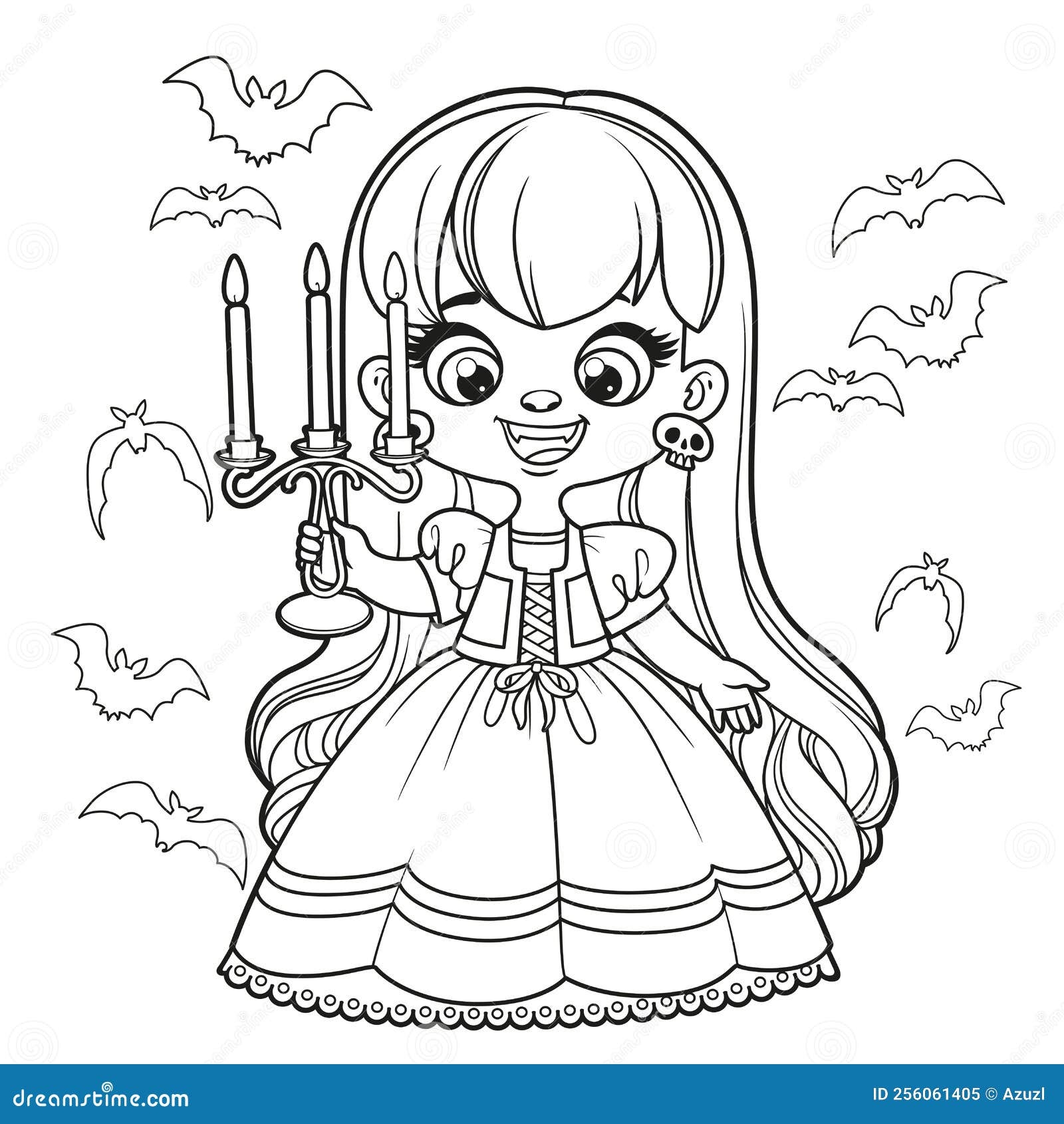 Cute Cartoon Long Haired Girl In A Halloween Vampire Costume With Chandelier In Hand And Bats