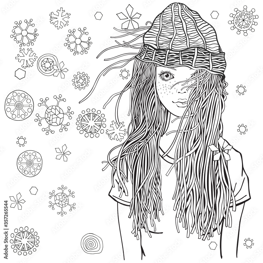 Cute Girl Adult Coloring Book Page Winter Snowflakes Sketch Hand Drawn Vector Illustration
