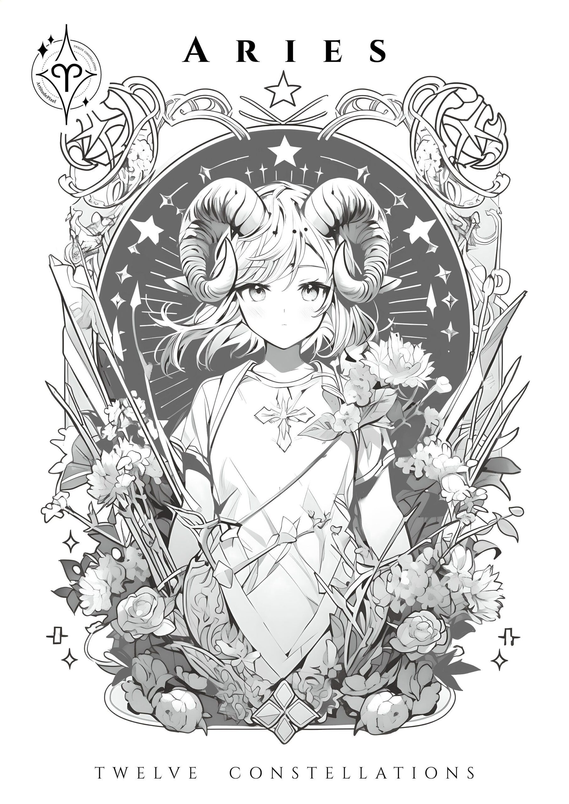 Digital Coloring Page Anime Inspired Aries High Resolution Suitable For Large Print Instant