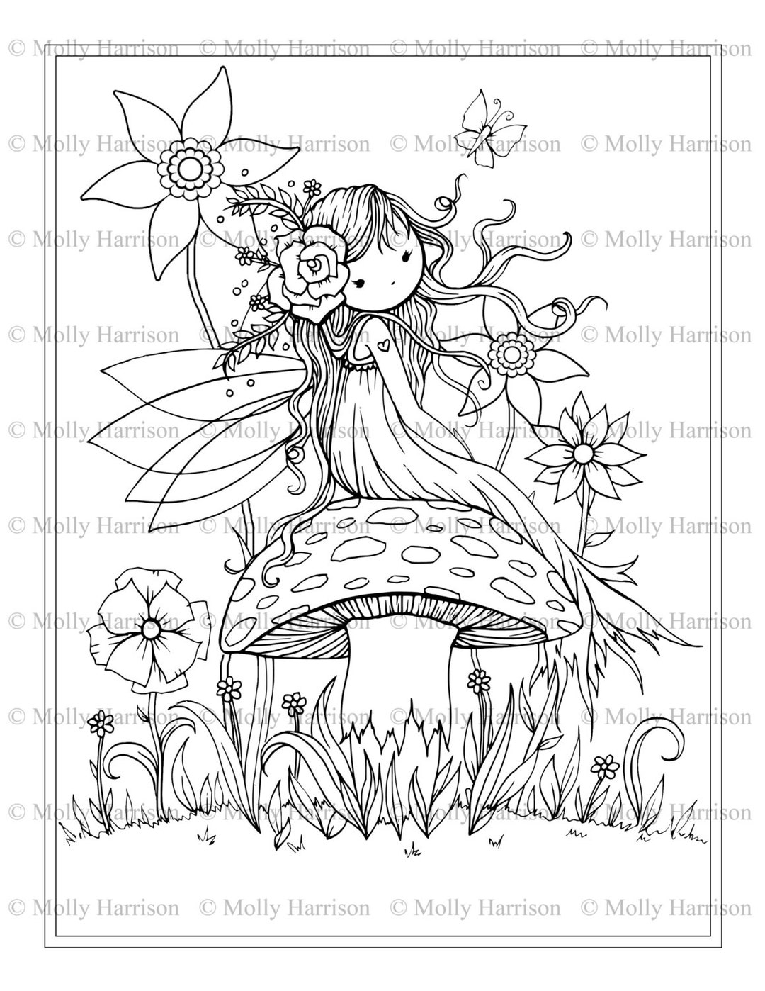 Fairy Sitting On Mushroom Printable Coloring Page Whimsical Floral Cute Molly Harrison Fantasy