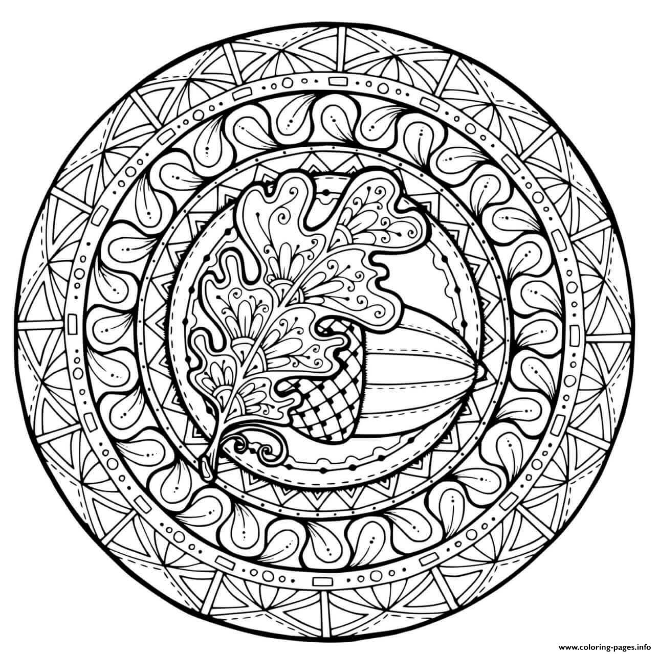 Fall Girl Acorn Mandala For Adults Coloring Page Printable