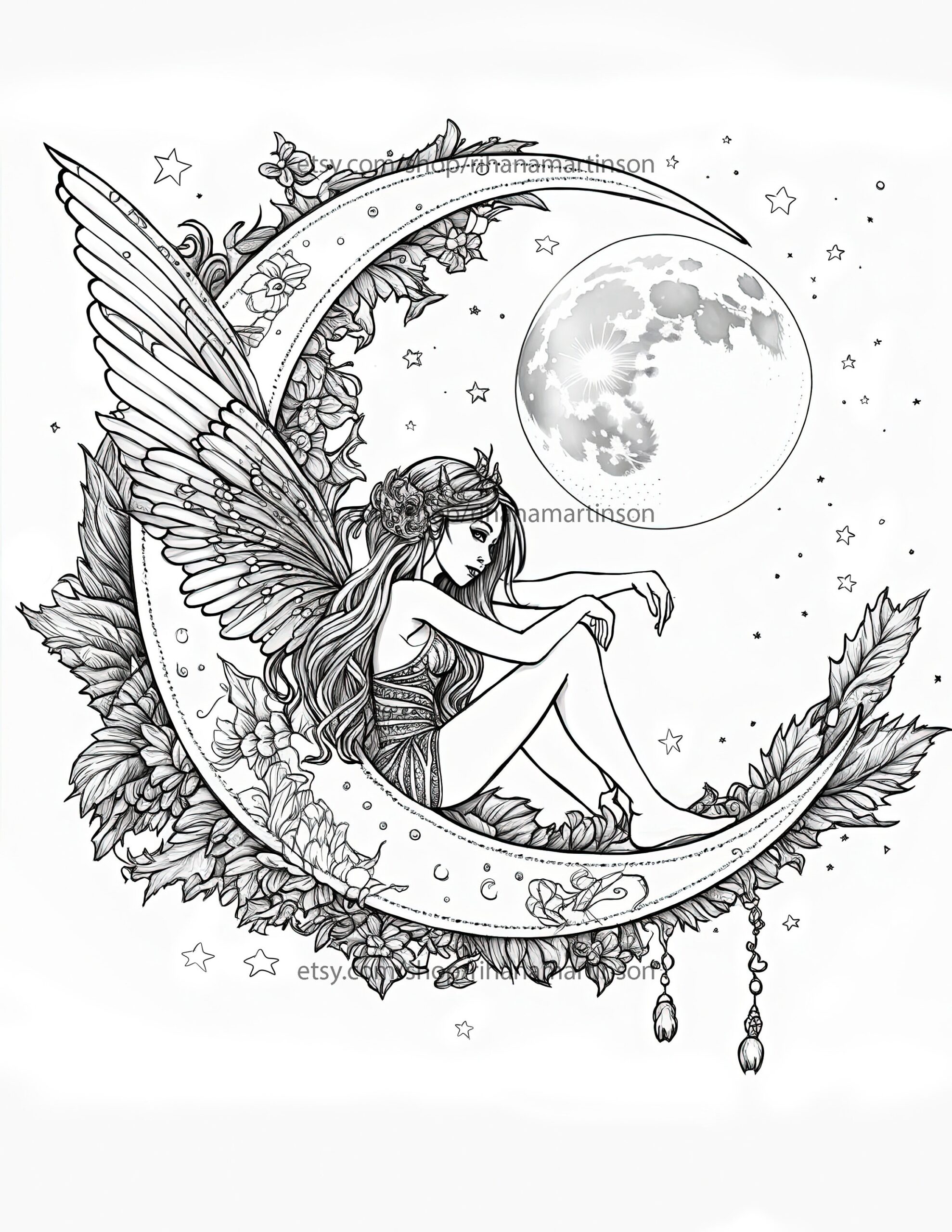 Fantasy Fairy Printable Adult Coloring Book Page Ornate Crescent Moon Etsy