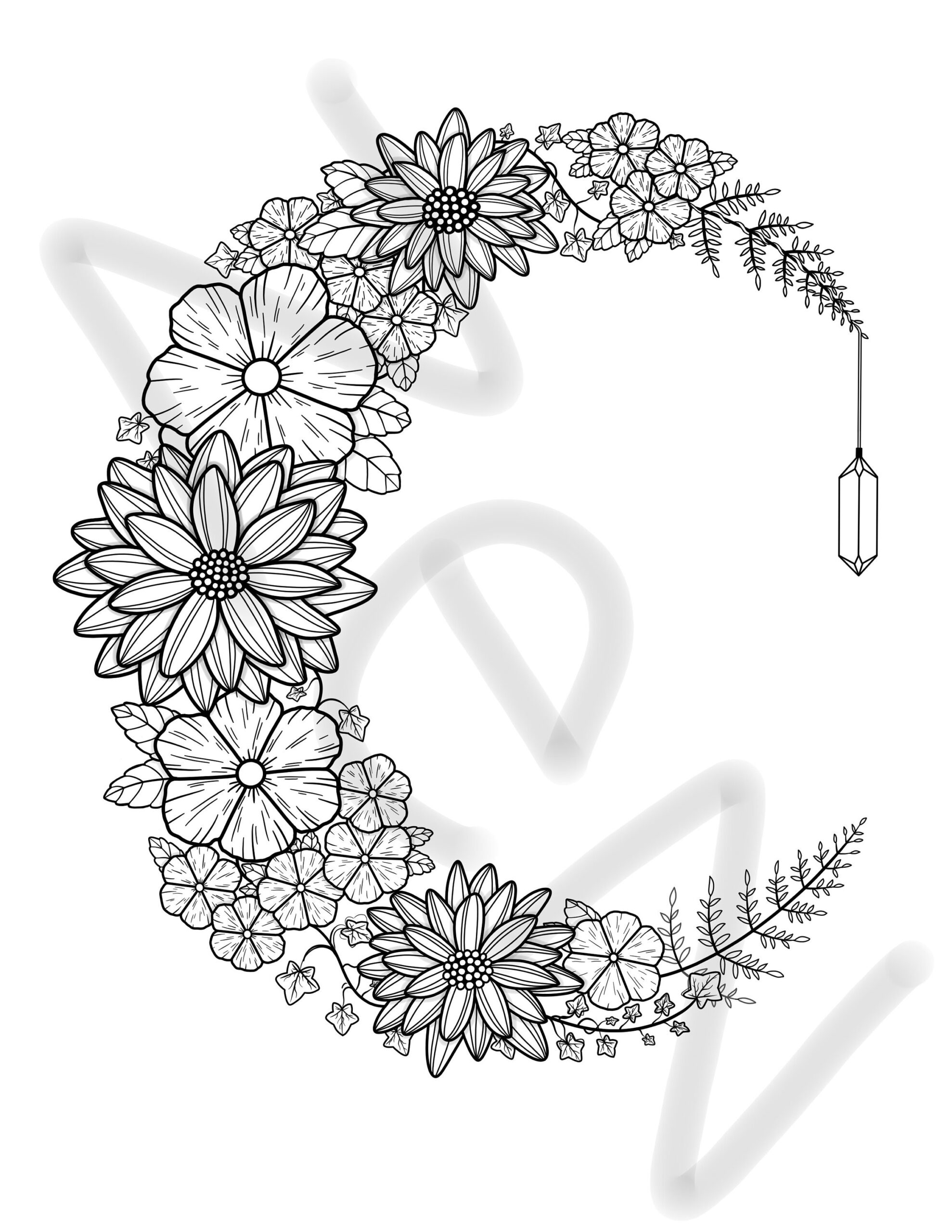 Floral Moon Printable Coloring Page Printable Adult Coloring Etsy Canada