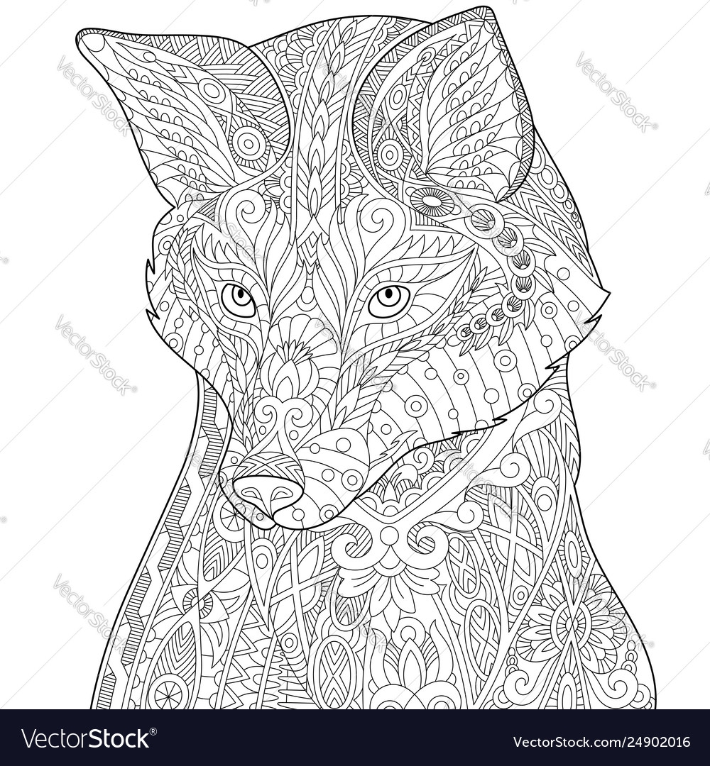 Fox Adult Coloring Page Royalty Free Vector Image