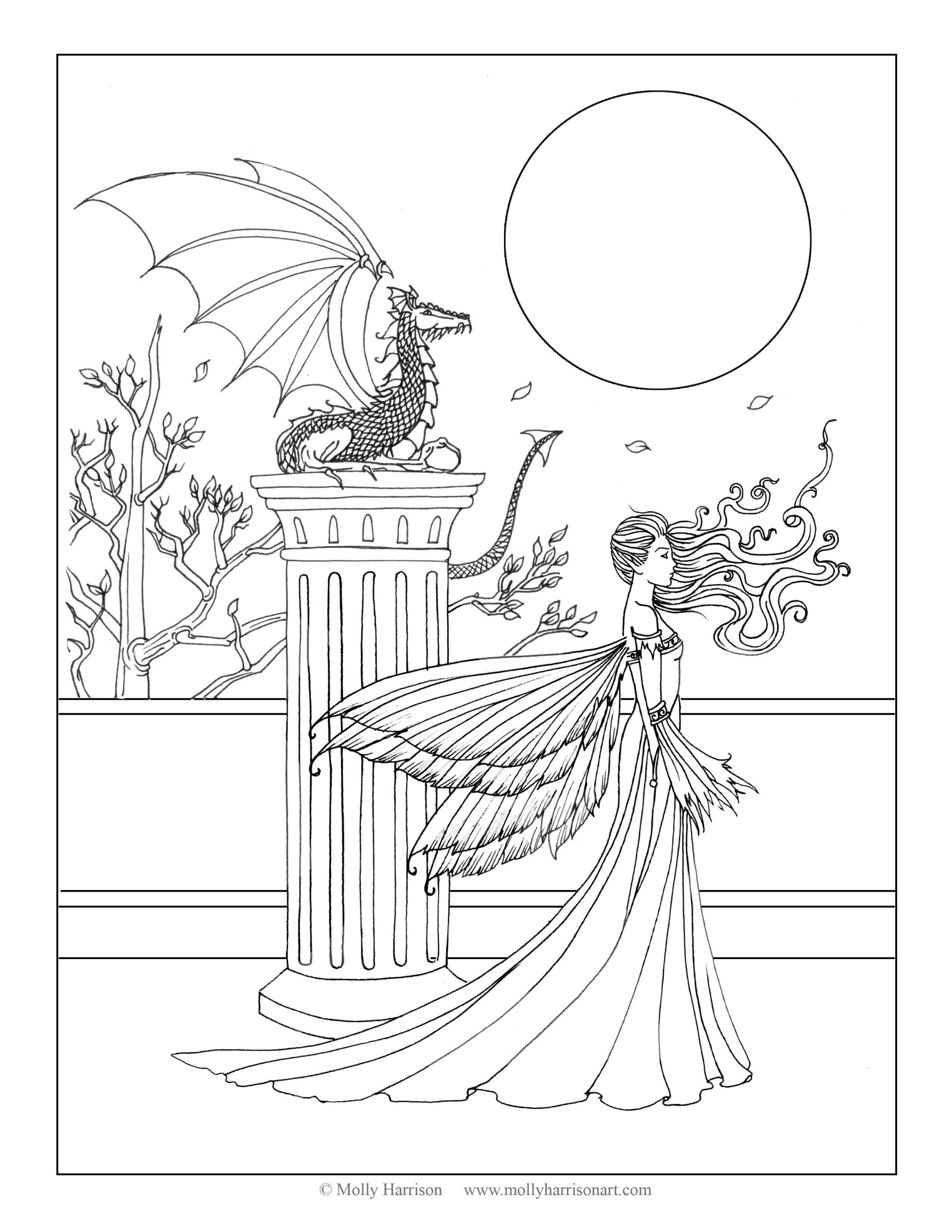 Free Fairy And Dragon Coloring Page By Molly Harrison Fantasy Art The High Courtyard Fairy
