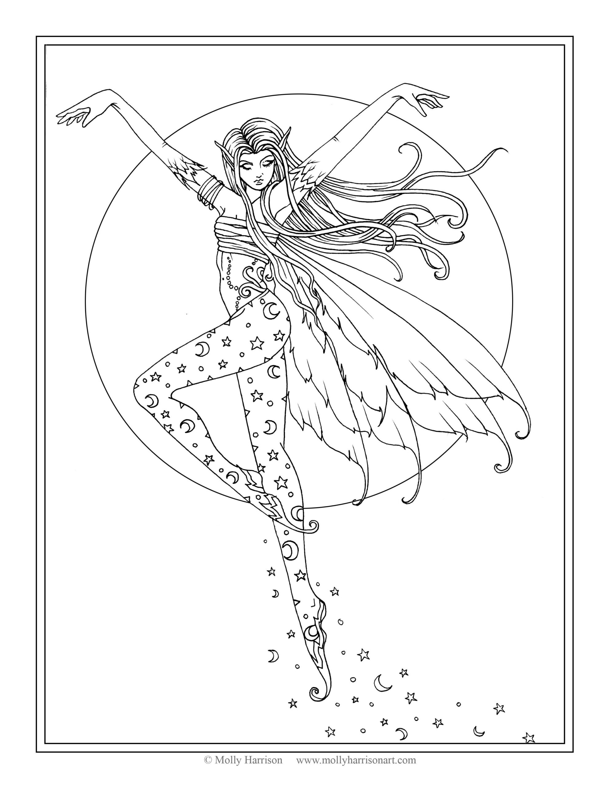 Free Fairy Coloring Page Luna S Ascent By Molly Harrison Fantasy Art Fairy Coloring Pages