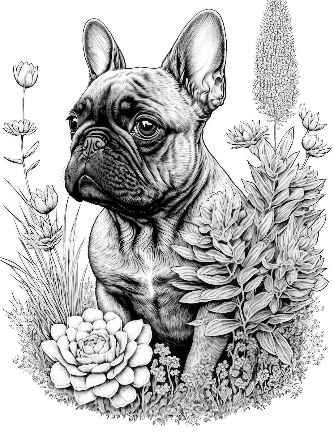French Bulldog Coloring Sheet AI Generated Coloring Page Of A Cute French Bulldog With Flowers