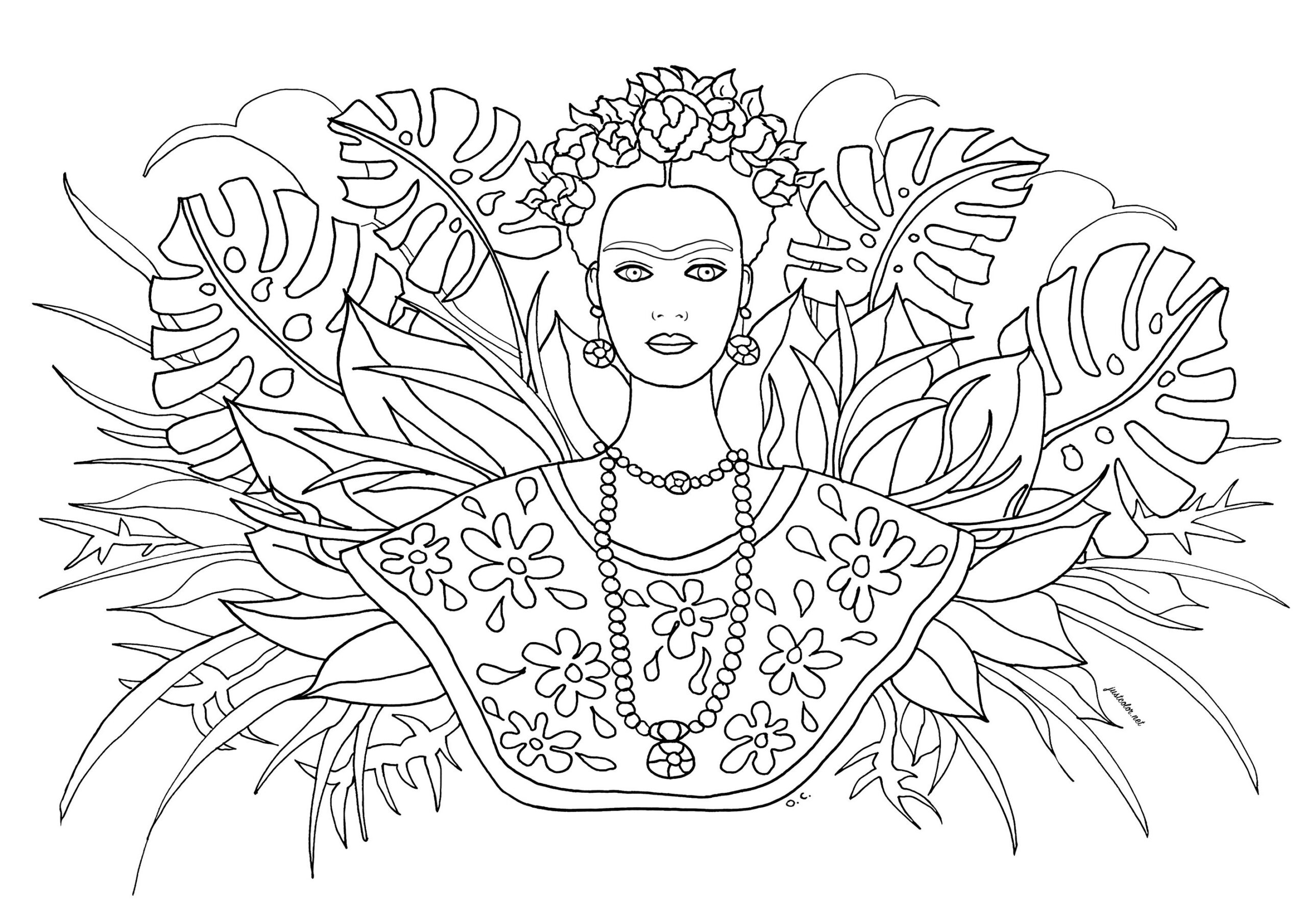 Frida Kahlo And Leaves Frida Kahlo Coloring Pages For Kids