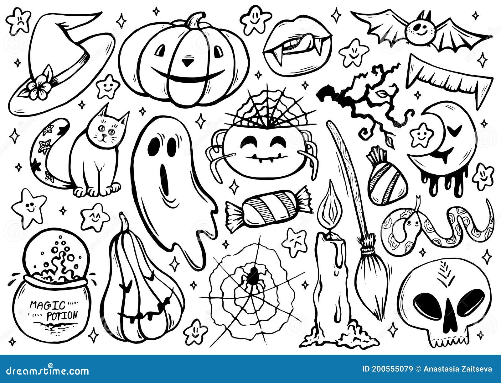 Halloween Coloring Page With Spooky Objects Hand Drawn Cute Halloween Coloring Sheet Stock