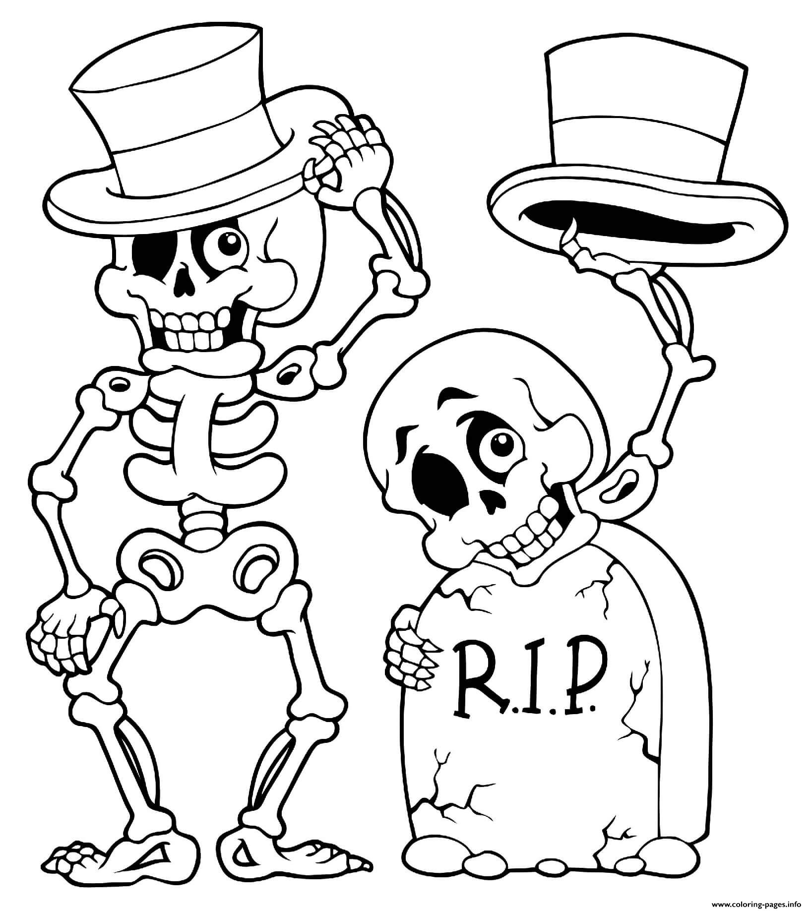 Halloween Skeleton Headstone Skull Coloring Page Printable