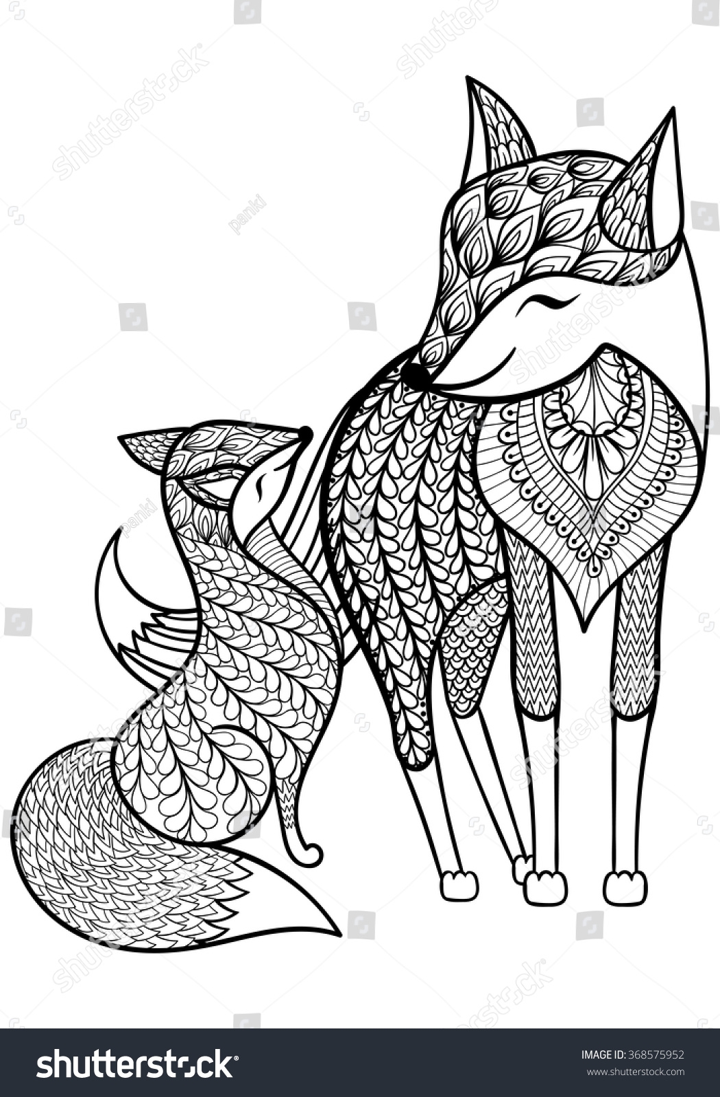 Hand Drawn Fox With Young Child Pattern For Adult Coloring Page A4 Size In Doodle Zentangle