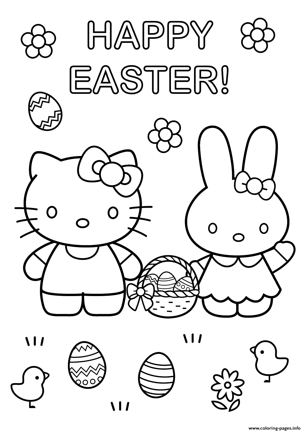 Hello Kitty With Easter Bunny Coloring Page Printable