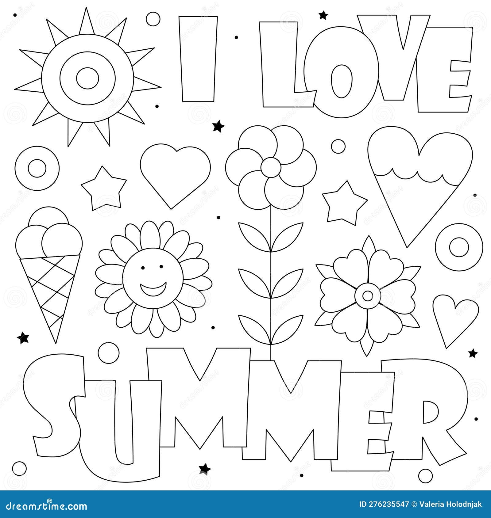 I Love Summer Coloring Page Vector Illustration Of The Sun Flowers And Icecream Stock Vector