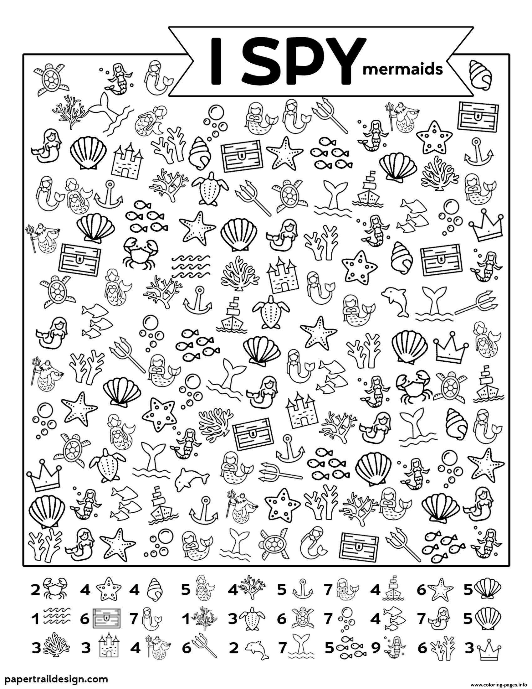 I Spy Mermaids Coloring Page Printable