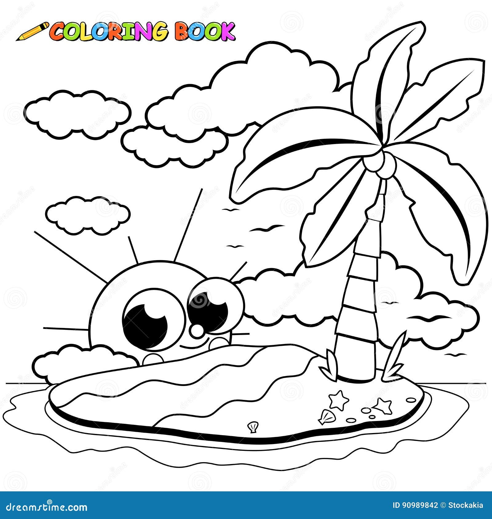 Island In The Sea And Cute Cartoon Sun Vector Black And White Coloring Page Stock Vector
