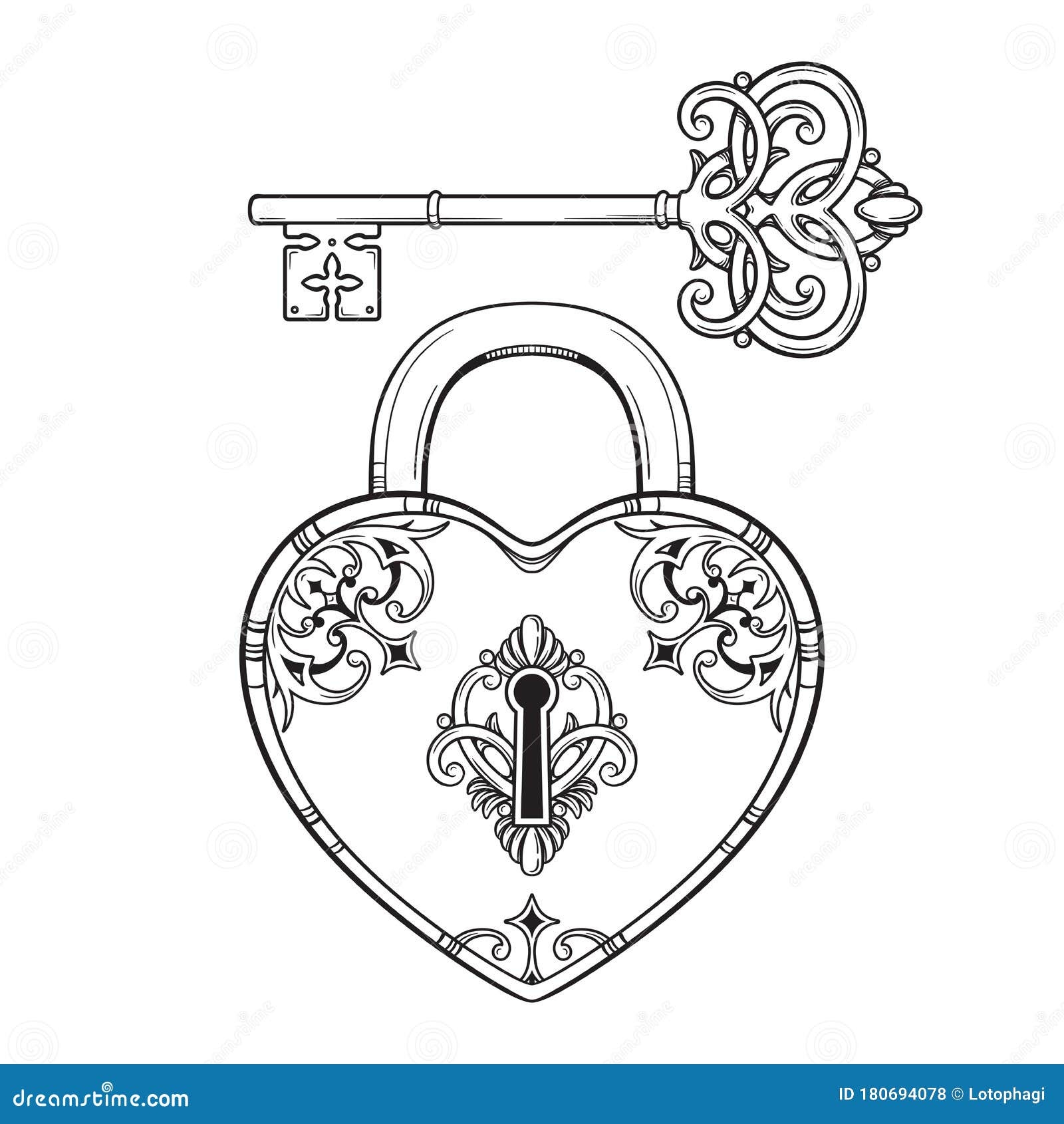Key And Heart Shaped Padlock In Vintage Style Coloring Book Page For Kids And Adults Hand Drawn