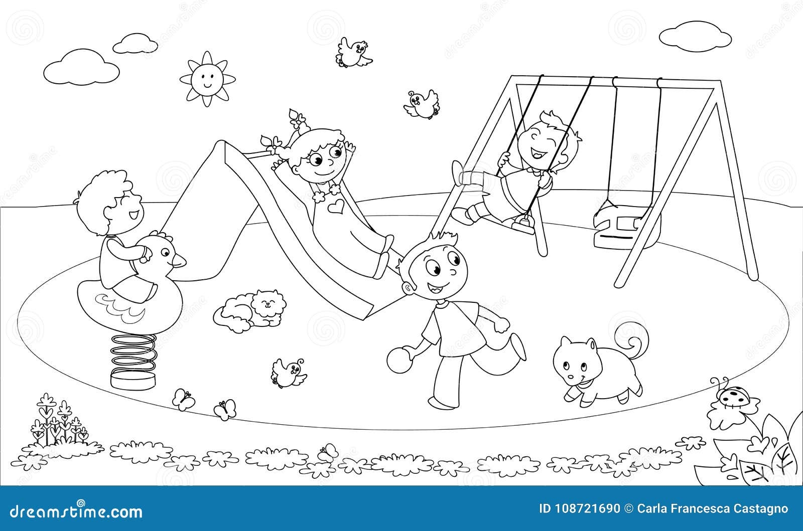 Kids At The Playground Coloring Vector Stock Vector Illustration Of Cartoon Outdoor 108721690